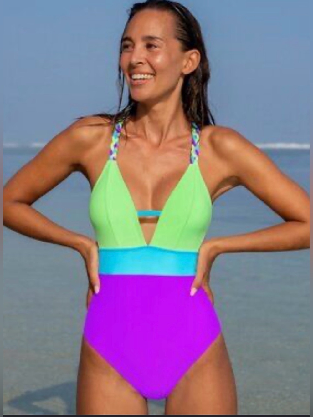Colorblock V-Neck One-Piece Swimsuit - Green, Blue & Purple